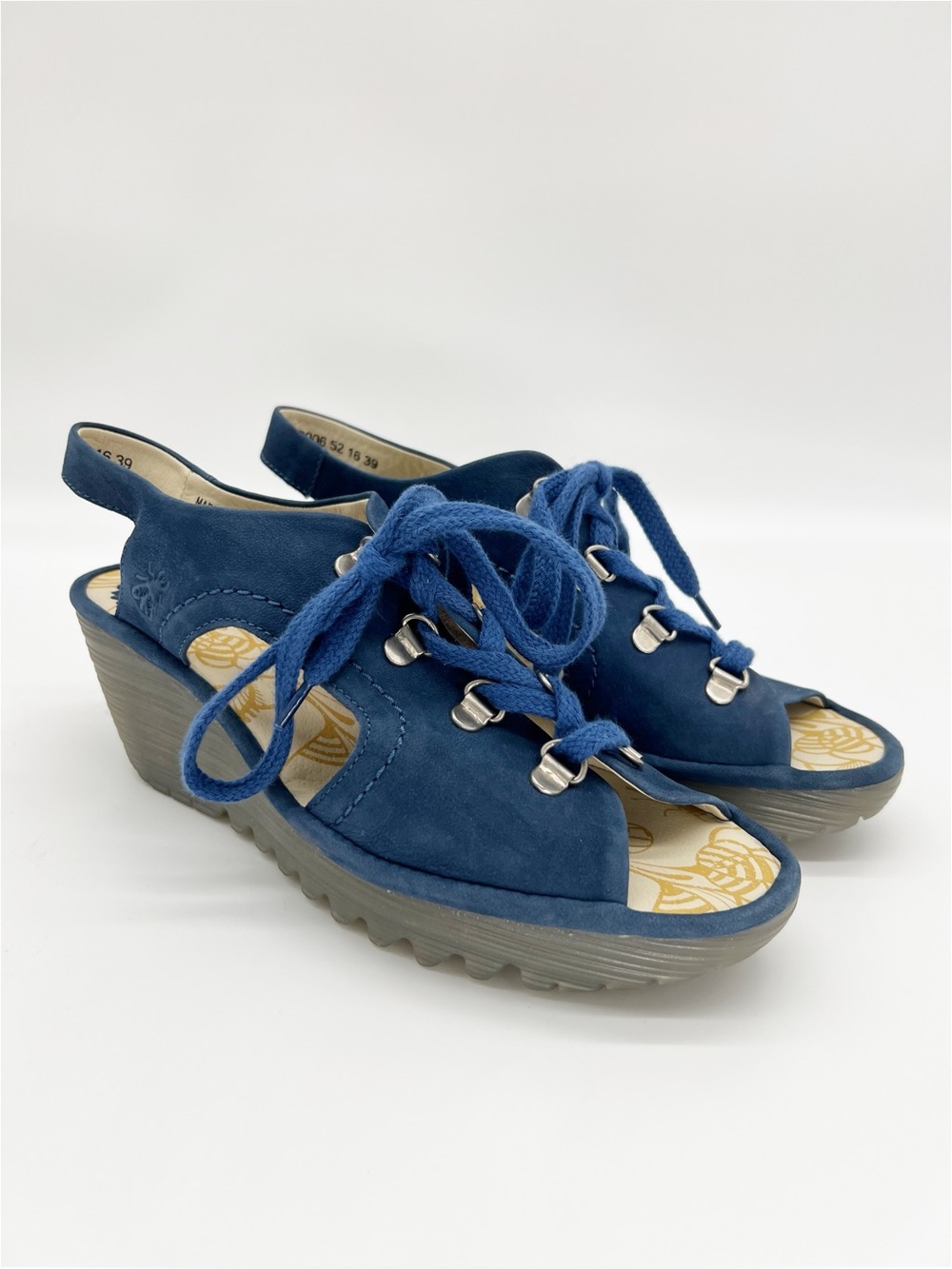 Fly London Ylva Blue Suede Lace Up Wedge Sandals Size 39